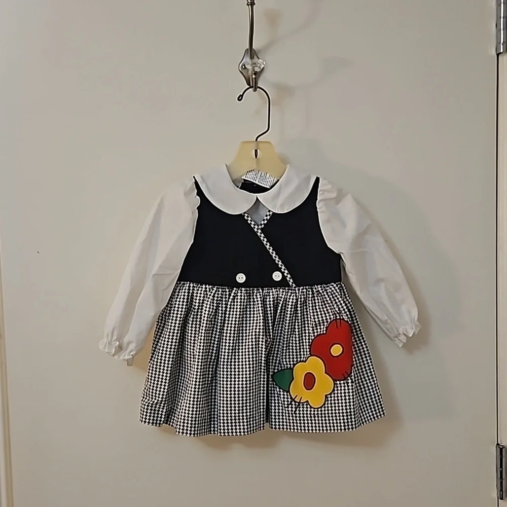 Vintage NANNETTE Monochrome Houndstooth Floral Applique Peter Pan Jumper Dress